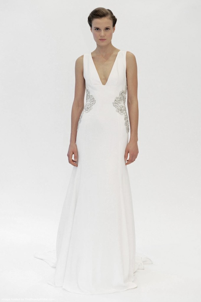 A-Line bridal gown with deep V-neck and a blush-and-ivory floral jacquard