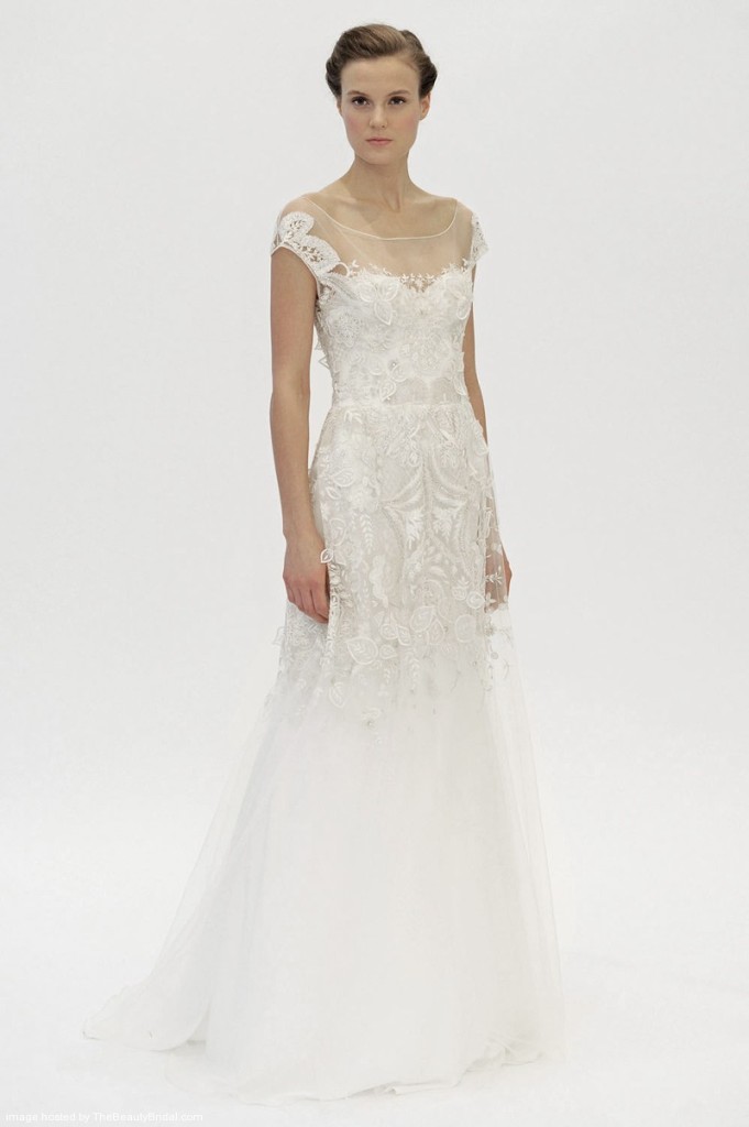 Lace off-the-shoulder A-Line wedding dress with bateau illusion neckline