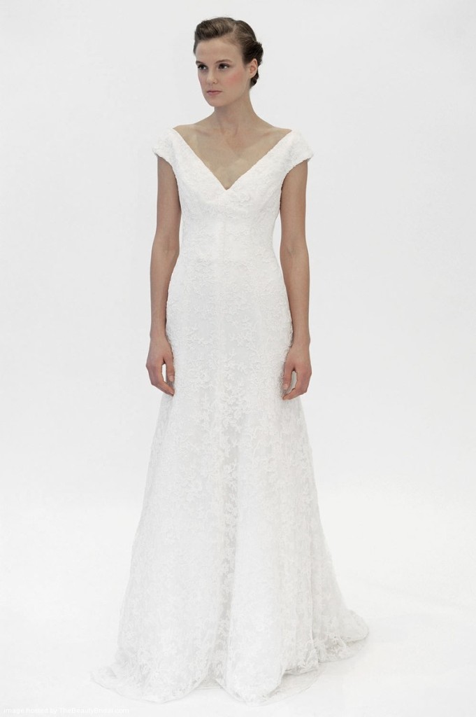 Lace off-the-shoulder A-Line bridal dress with V-neckline